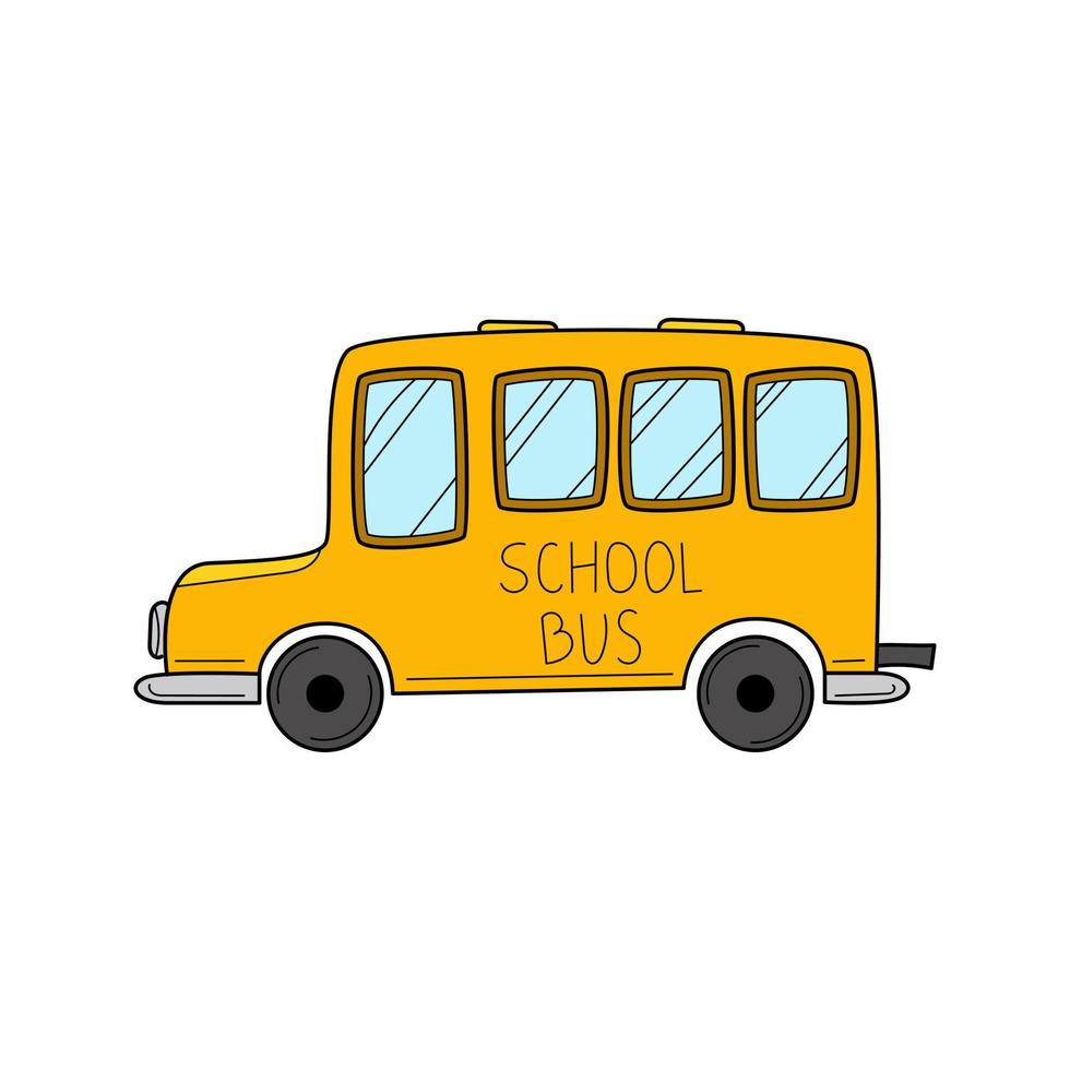 autobús escolar estilo garabato. ilustración vectorial colorida dibujada a mano. los elementos de diseño están aislados en un fondo blanco vector