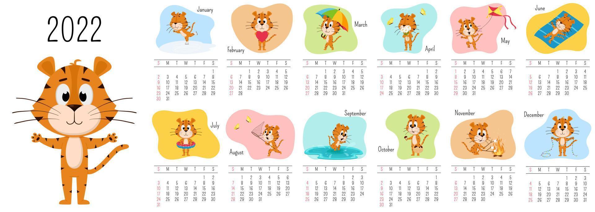 Vertical Wall Calendar Template 2022. Week starts on Sunday. Ready-to-print calendar with Chinese year symbol cartoon Tiger. A set of 12 pages and a cover. All months.Multi-colored background vector