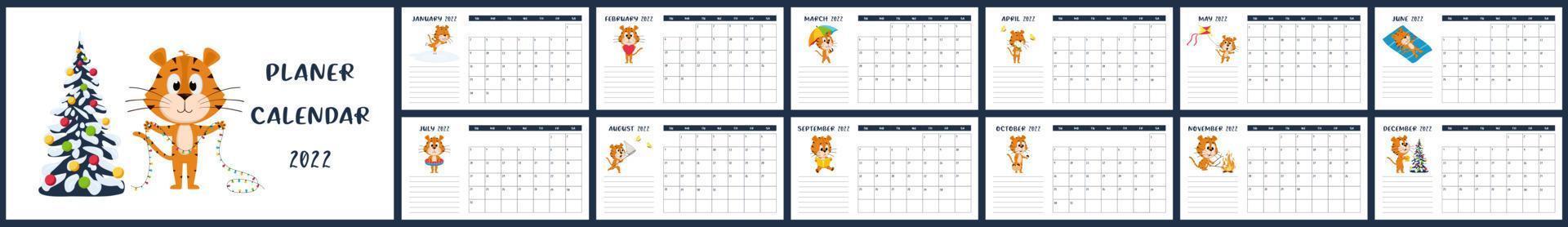 plantilla de calendario de escritorio horizontal 2022. la semana comienza el domingo. calendario listo para imprimir con tigre de dibujos animados de símbolo de año chino. un conjunto de 12 páginas y una cubierta. todos los meses fondo blanco vector