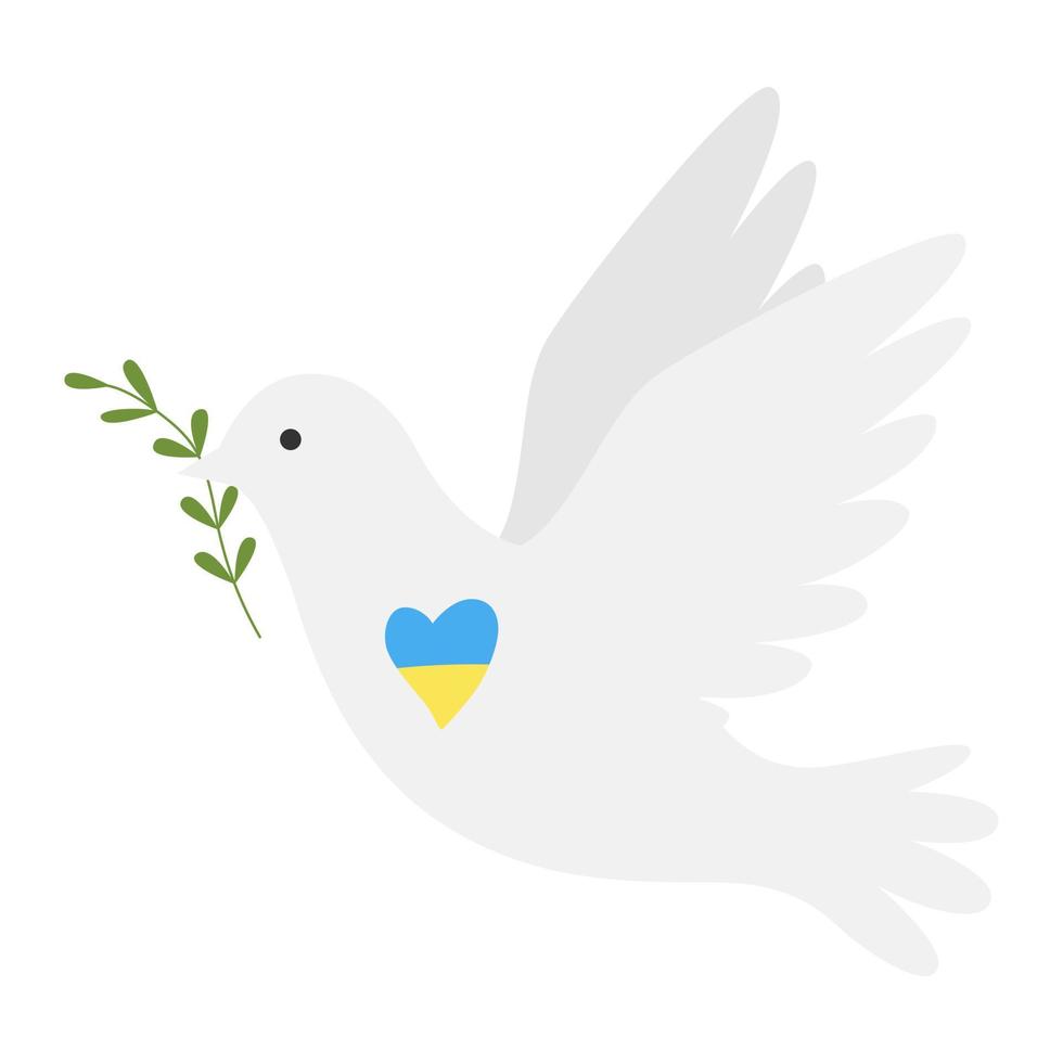 A white dove, a symbol of peace. A flying bird of the world holds a green twig in its beak. The heart is in colors of the Ukrainian flag. No war. Color illustration in a flat style isolated on white vector
