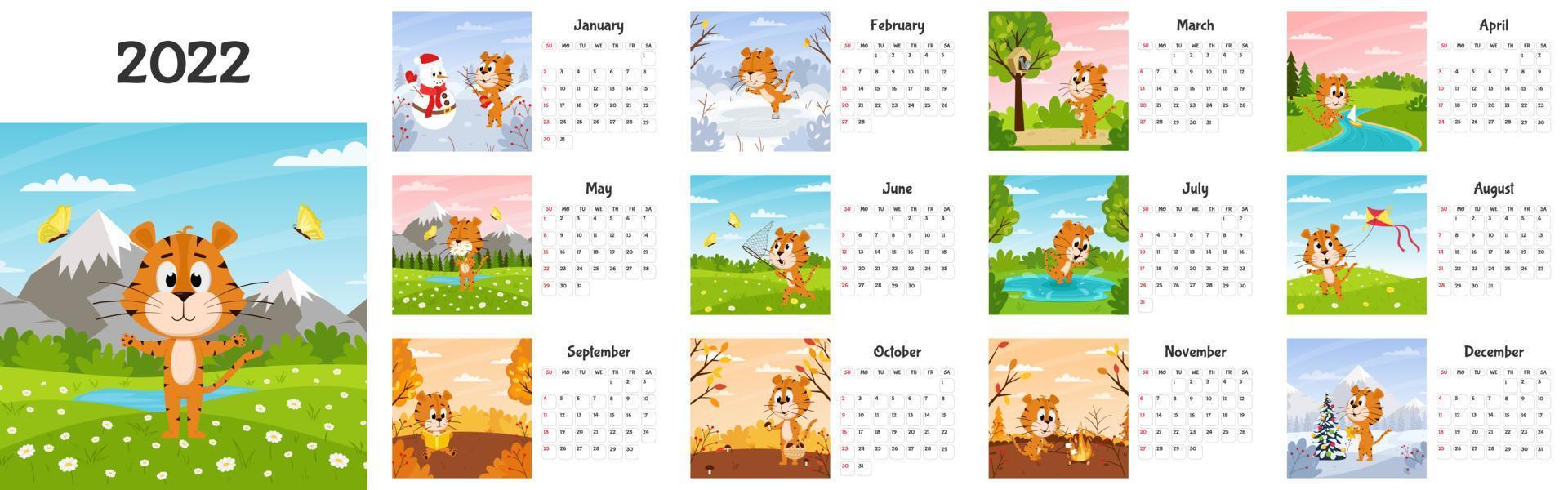 plantilla de calendario de escritorio horizontal 2022. la semana comienza el domingo. calendario listo para imprimir con tigre de dibujos animados de símbolo de año chino. un conjunto de 12 páginas y una cubierta. todos los meses.fondo del paisaje. vector