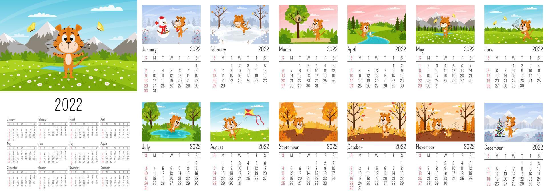 plantilla de calendario de pared vertical 2022. la semana comienza el domingo. calendario listo para imprimir con tigre de dibujos animados de símbolo de año chino. un conjunto de 12 páginas y una cubierta. todos los meses.fondo del paisaje. vector