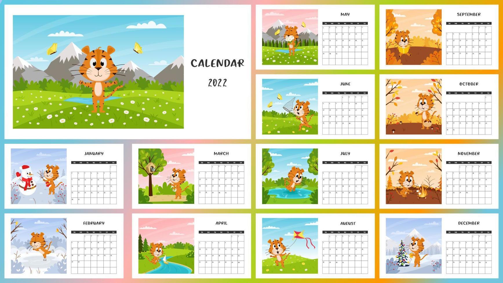 Horizontal Desktop Calendar Template2022. Week starts on Sunday. Ready-to-print calendar with Chinese year symbol cartoon Tiger. A set of 12 pages and a cover. All months.landscape background vector