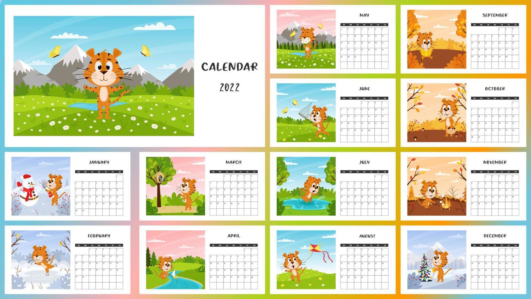 plantilla de calendario de escritorio horizontal 2022. semana comienza el domingo. calendario listo para imprimir con tigre de dibujos animados de símbolo de año chino. un conjunto de 12 páginas y una portada. todos los meses.fondo del paisaje vector