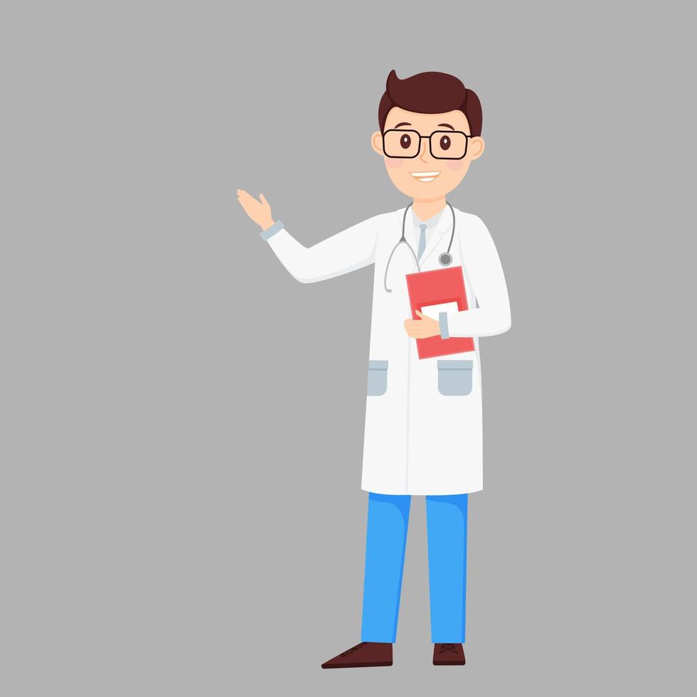 un personaje de dibujos animados, un médico con una carpeta en la mano. un hombre con bata médica está parado apuntando en la dirección. infografía y elemento de diseño con espacio de copia. ilustración vectorial aislada plana vector