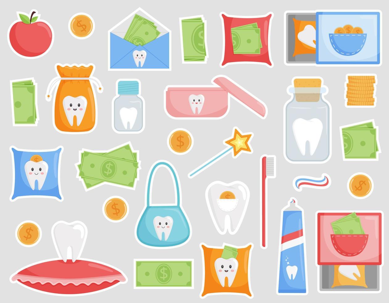 Set of stickers on the theme of tooth loss and children's dentistry. Bags, boxes, jars for the tooth fairy. Money, coins for a lost tooth. The design elements in funny cartoon style. Isolated on white vector