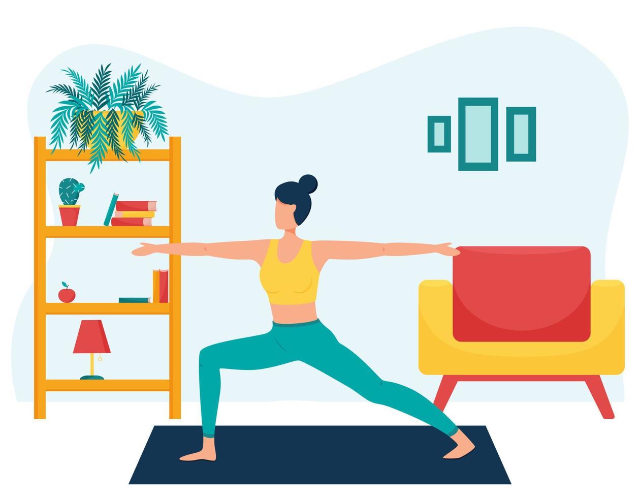 The girl practices yoga at home. The concept of yoga classes at home. a woman in the pose of a warrior. Practice yoga. Flat style. Healthy lifestyle. Female cartoon character in the living room. vector
