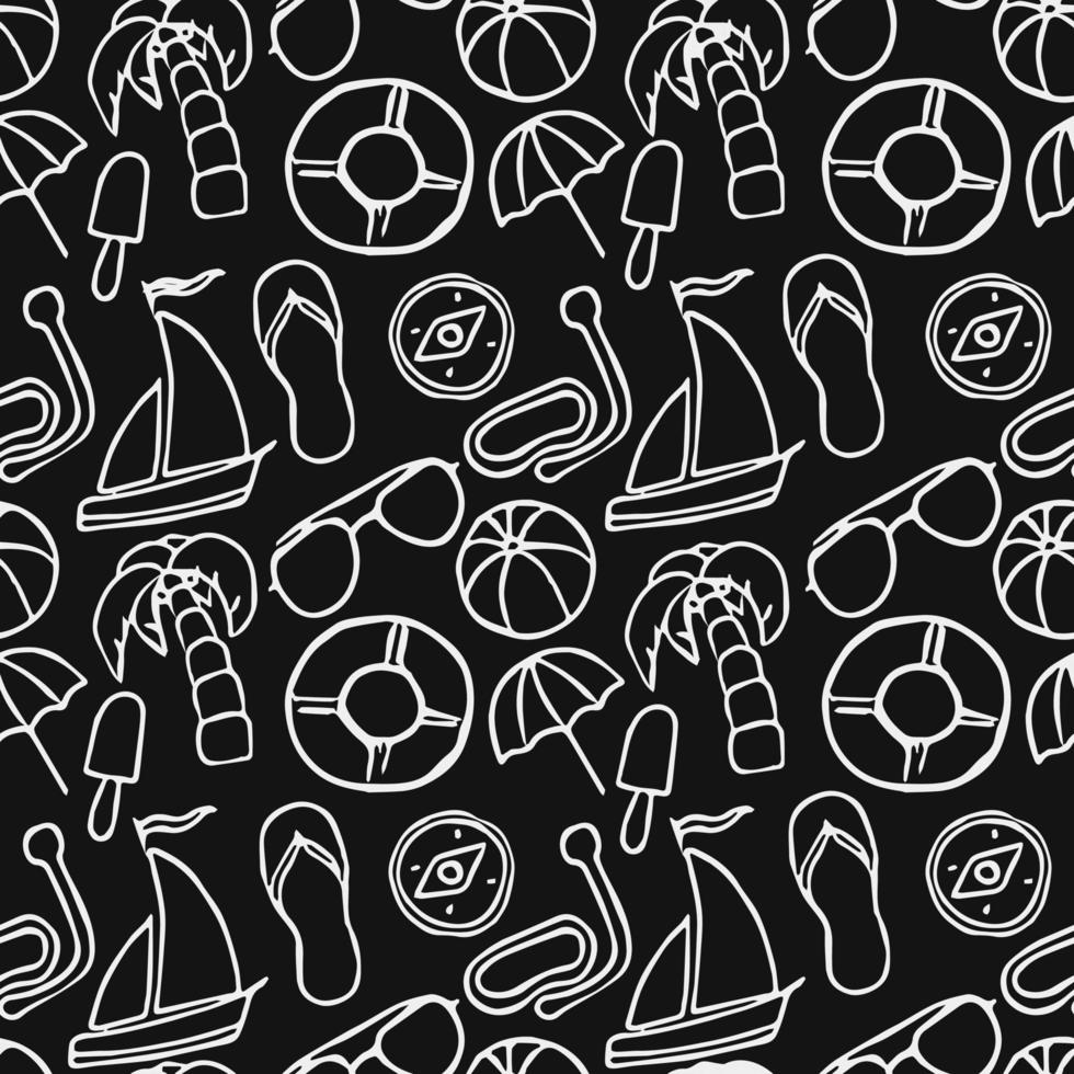 Summer seamless pattern. Summer travel icons. Travel vacation set of icons, journey and trip background. travel icons on black background. Vacation vector pattern