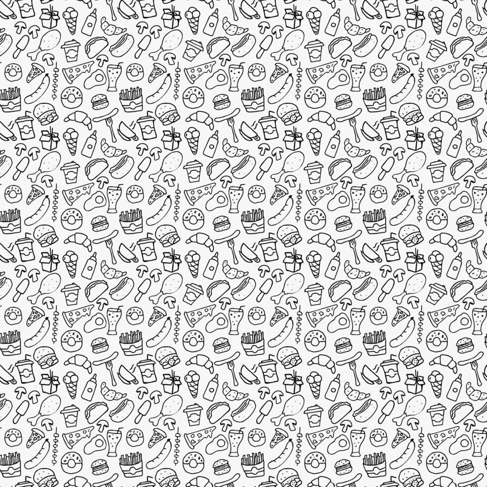 Fast food set icons, fastfood background. Doodle fast food icons. seamless pattern with food icons. food icons on white background. hand drown vector pattern with fast food icons