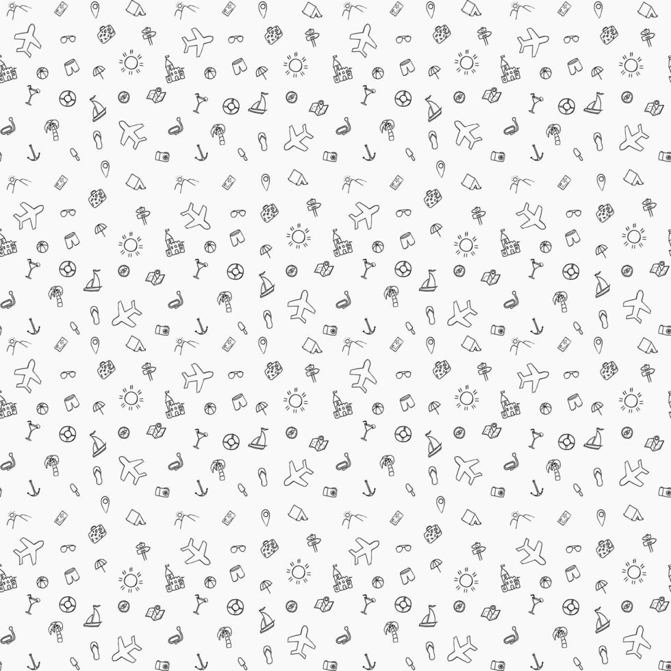 Summer seamless pattern. travel icons on white background. Travel vacation set of icons, journey and trip background. Doodle summer travel icons. Vacation vector pattern with travel icons