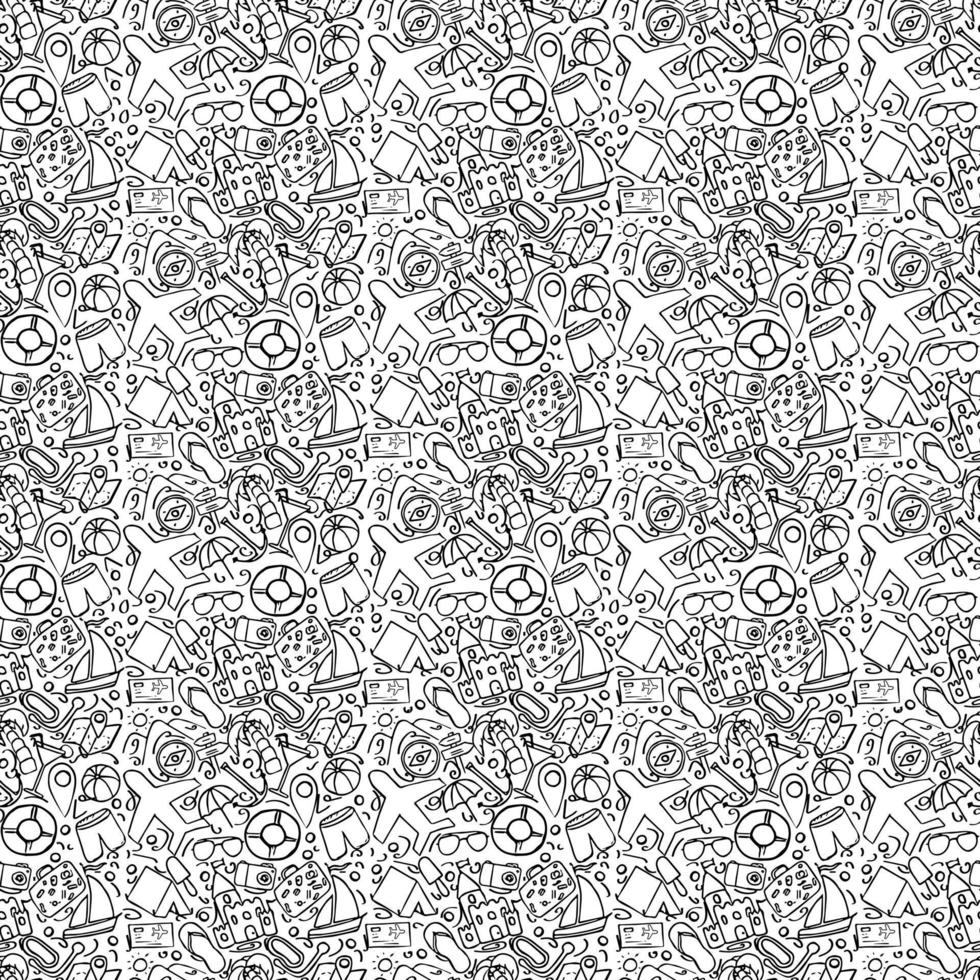 Summer seamless pattern. travel icons on white background. Travel vacation set of icons, journey and trip background. Doodle summer travel icons. Vacation vector pattern with travel icons