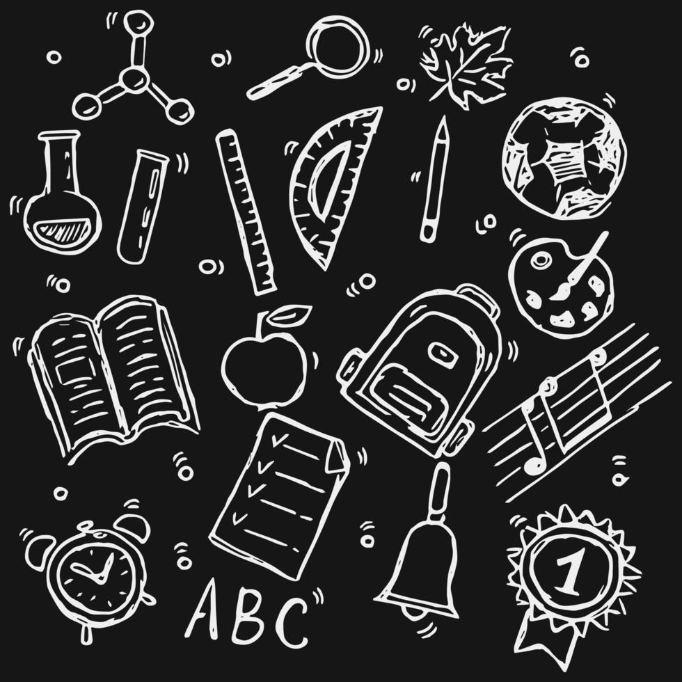 Set of icons on the theme of school. School vector. Doodle vector with school icons on black background