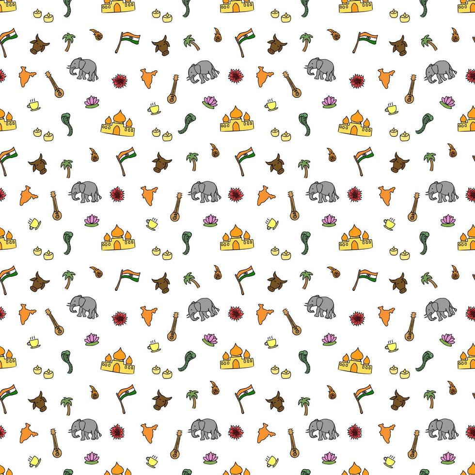 Colored seamless pattern with doodle indian icons. Indian vector icons.  you can use this as a background for a wedding card or greeting