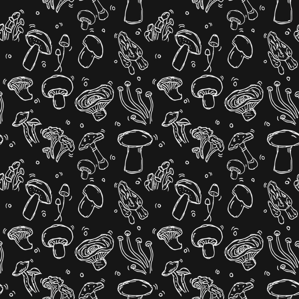 Seamless vector pattern with mushrooms. Doodle vector with mushroom icons on black background. Vintage mushroom pattern, sweet elements background for your project, menu, cafe shop