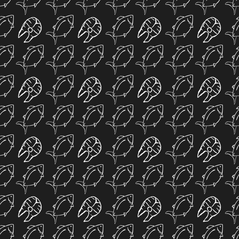 Seamless vector pattern with fish. Doodle vector with fish icons on black background. Vintage fish pattern
