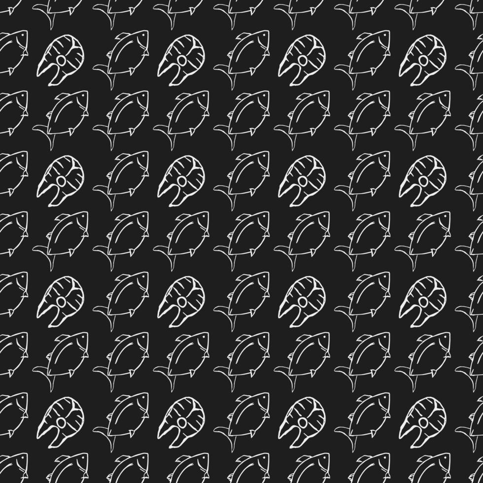 Seamless vector pattern with fish. Doodle vector with fish icons on black background. Vintage fish pattern