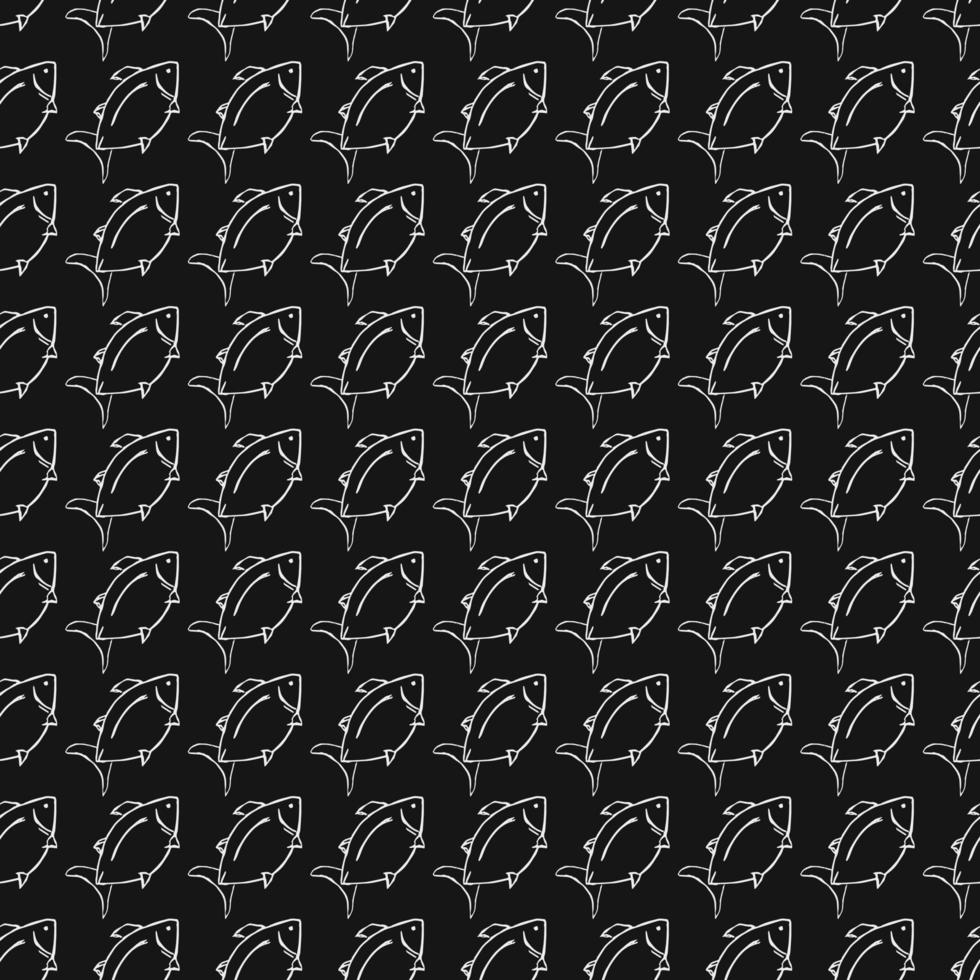 Seamless vector pattern with fish. Doodle vector with fish icons on black background. Vintage fish pattern