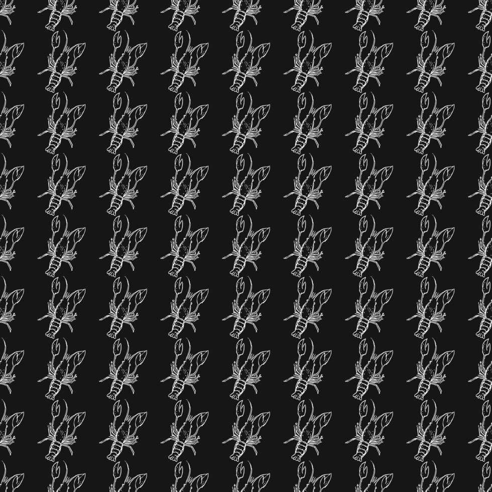 Seamless vector pattern with crayfish. Doodle vector with crayfish icons on black background. Vintage crayfish pattern