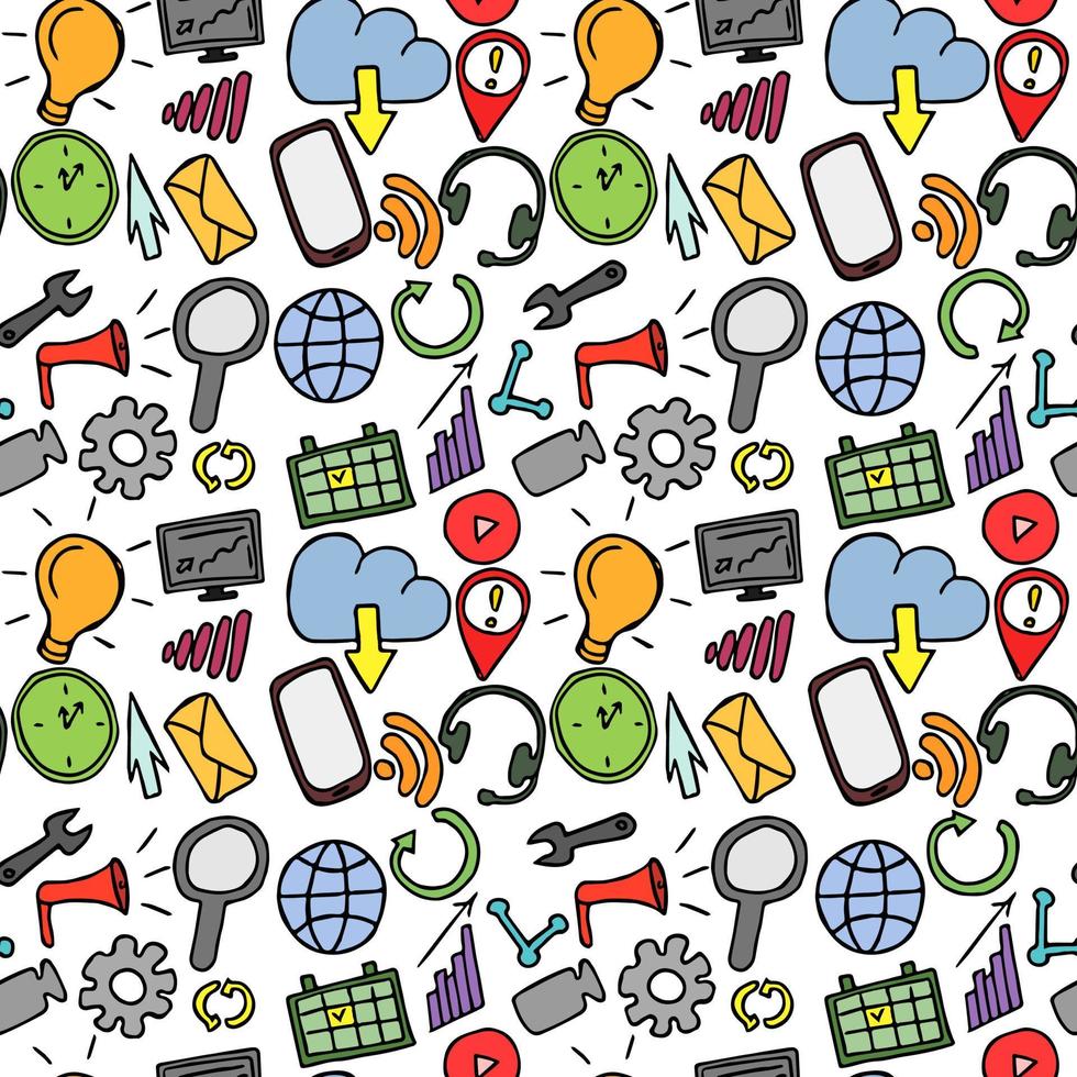 Colored seamless doodle pattern with business and technology set icons. Doodle vector with business icons on white background. Vintage technology icons,sweet elements background for your project