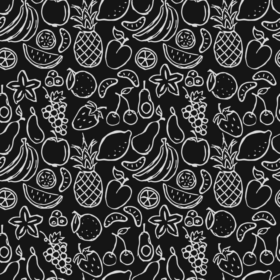 Seamless fruits and vegetables vector pattern. Doodle vector with fruits and vegetables icons on black background. Vintage vegan pattern