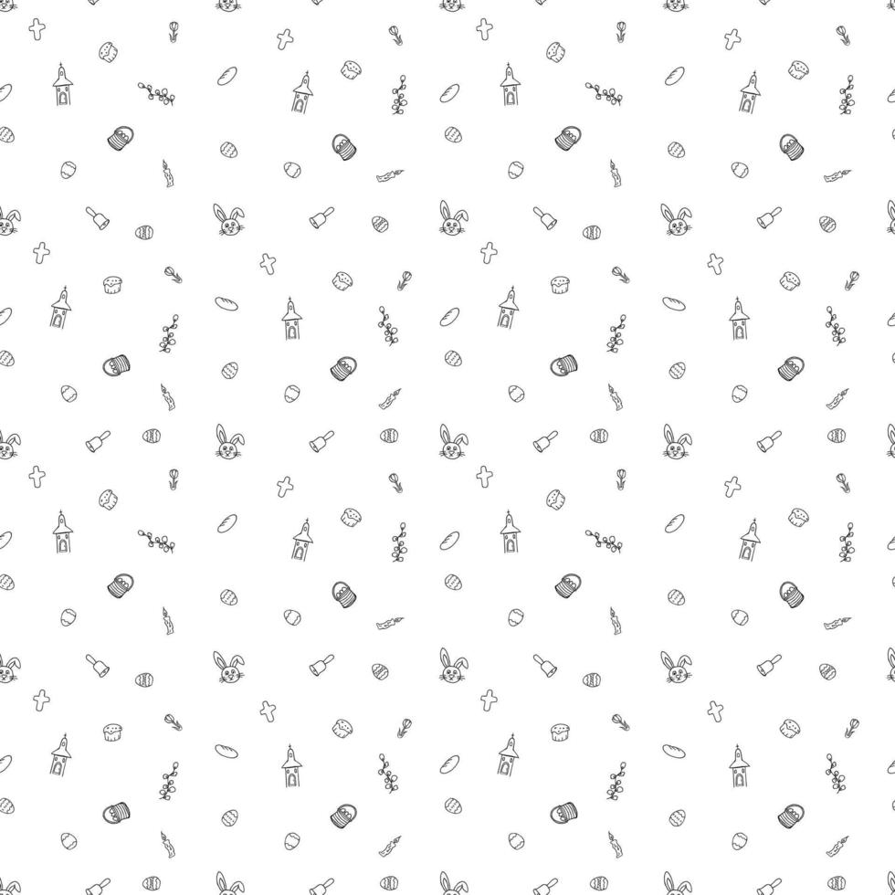 Easter pattern. Seamless pattern with easter icons. Creative easter background with eggs, bunny, rabbit, Easter cake, flowers, wine, willow branch and church vector