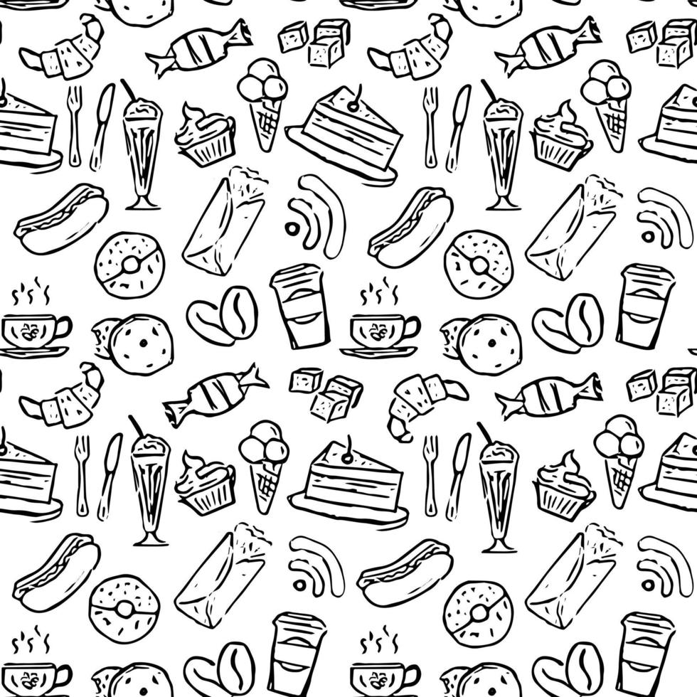 Seamless cafe vector pattern.Seamless coffee shop vector patter.Doodle vector with cafe icons on white background. Vintage coffe shop icons,sweet elements background for your project, menu, cafe shop.