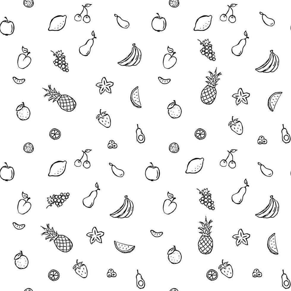 Seamless fruits and vegetables vector pattern. Doodle vector with fruits and vegetables icons on white background. Vintage vegan pattern