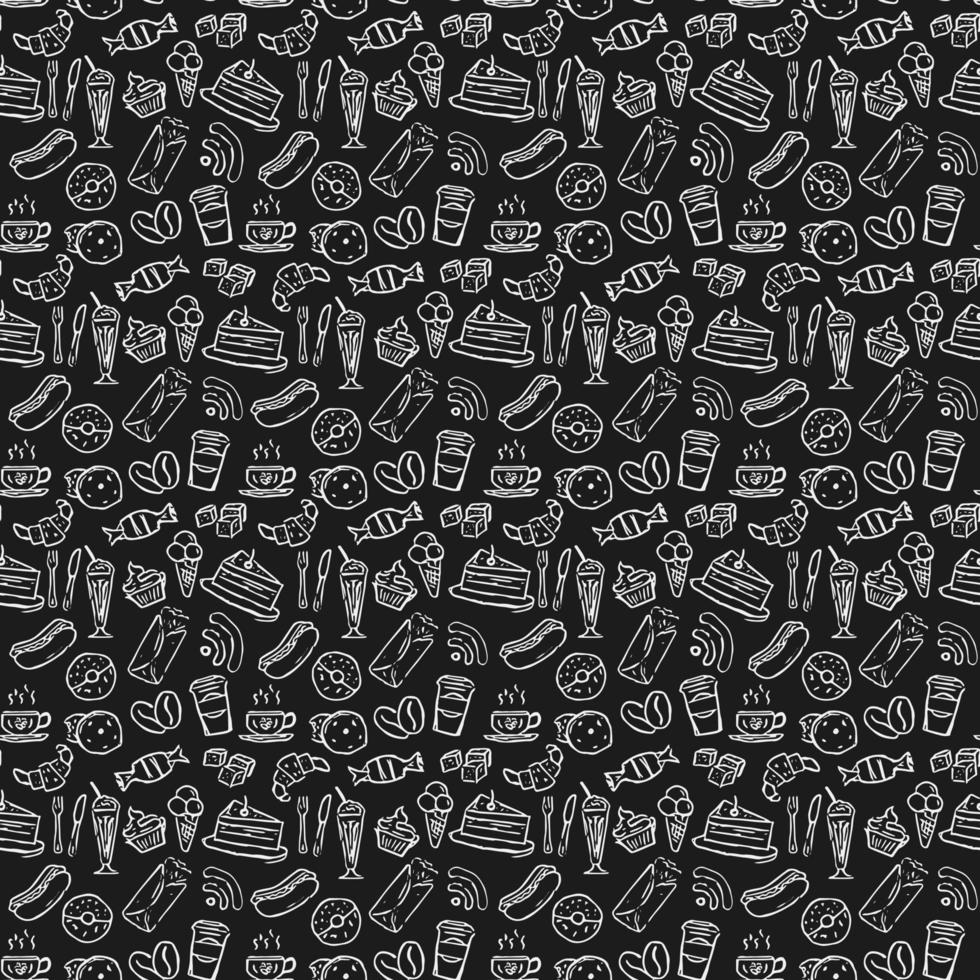 Seamless cafe vector pattern.Seamless coffee shop vector patter.Doodle vector with cafe icons on black background. Vintage coffe shop icons,sweet elements background for your project, menu, cafe shop
