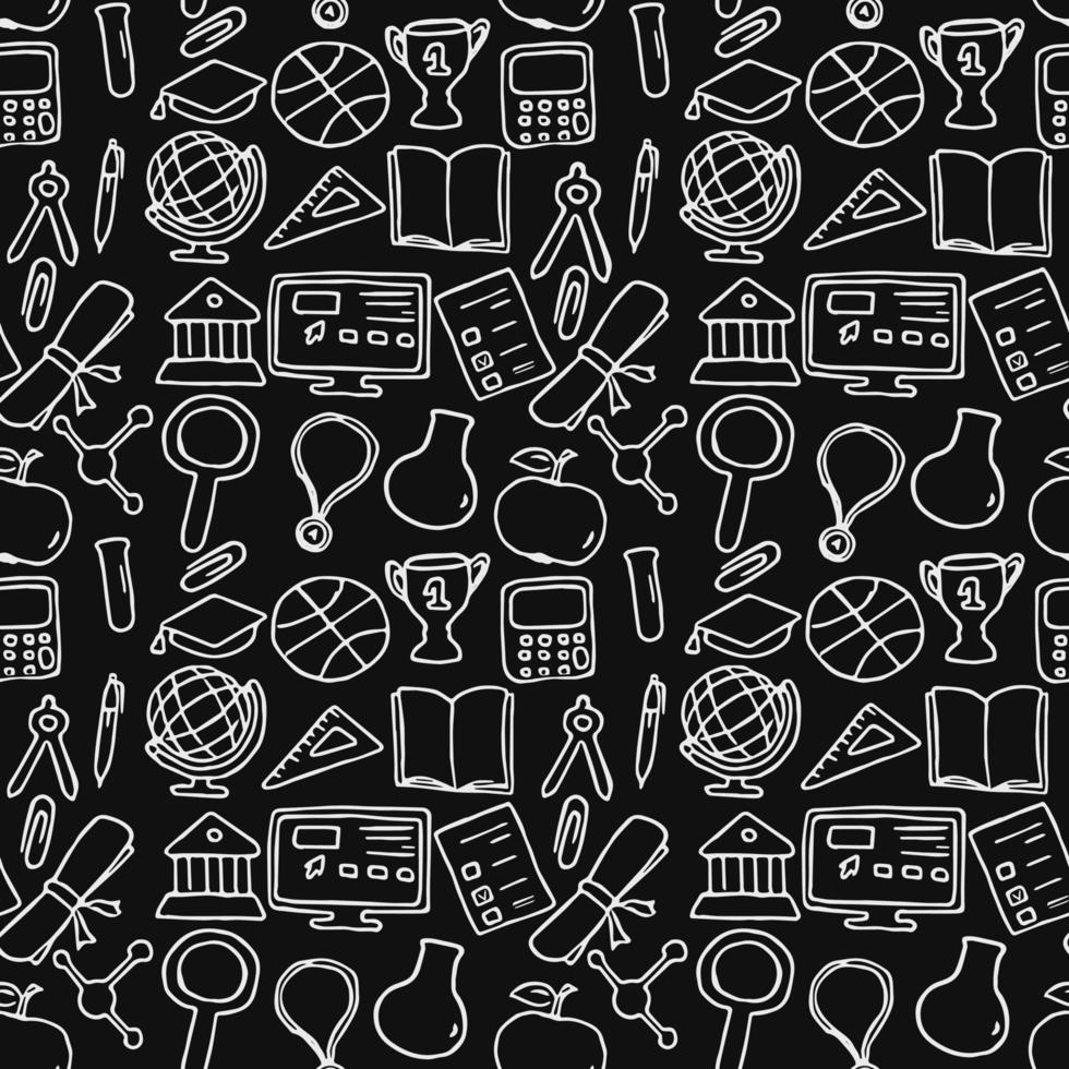 Seamless vector pattern with education icons. Doodle vector with education and school icons on black background. Vintage education pattern