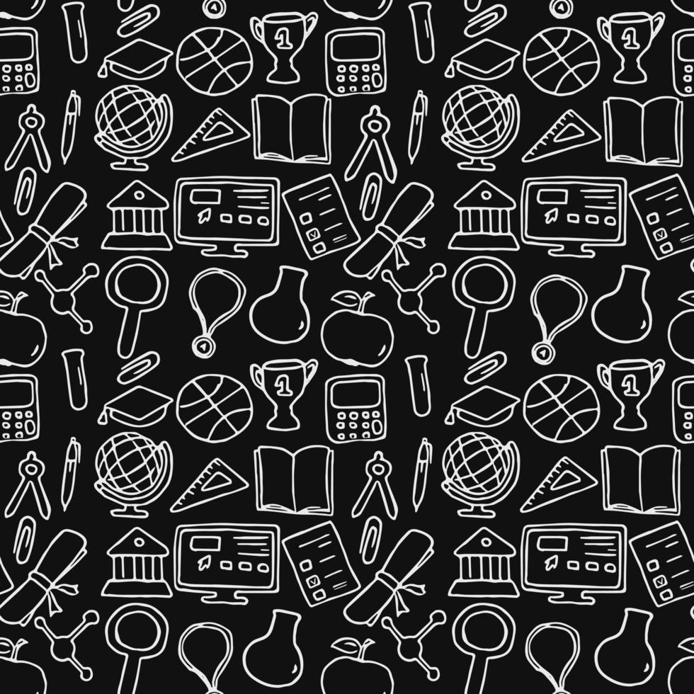 Seamless vector pattern with education icons. Doodle vector with education and school icons on black background. Vintage education pattern