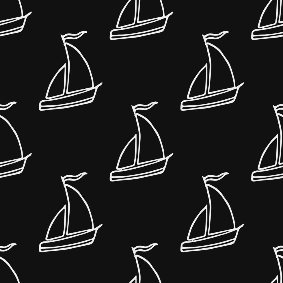 seamless pattern with sailing ships on black background. doodle vector ships pattern