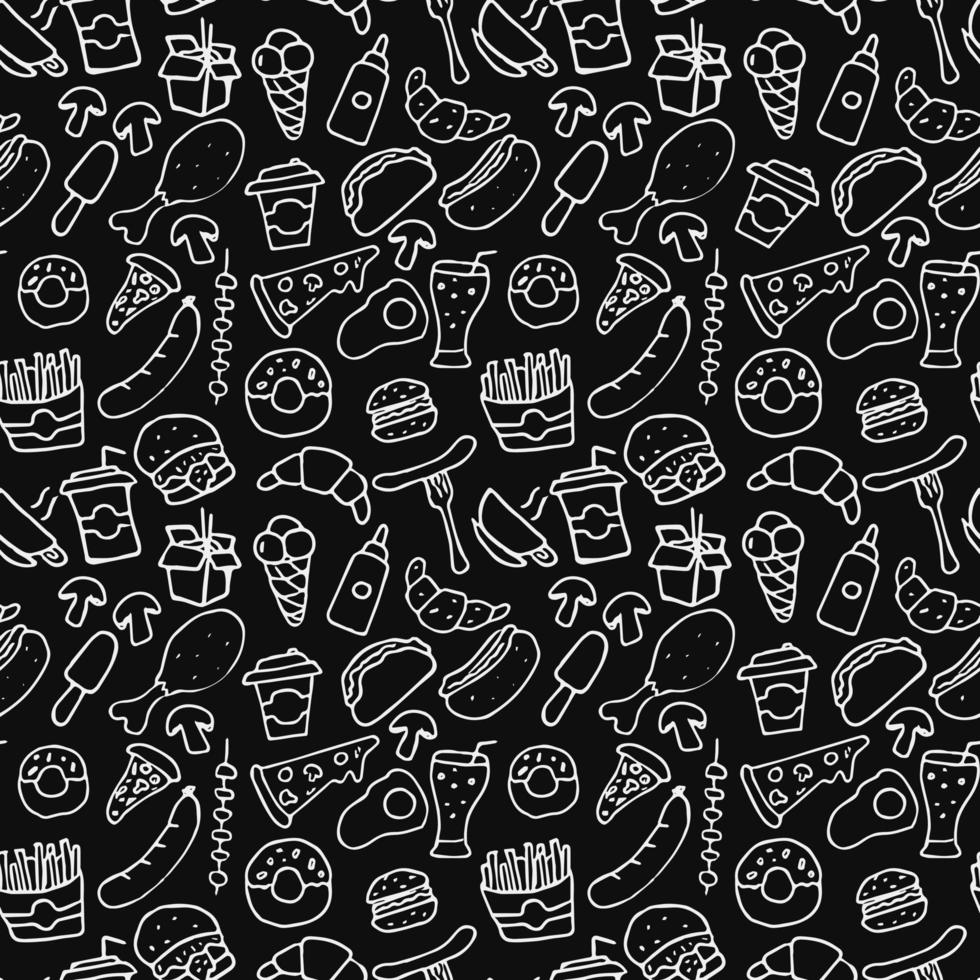 Fast food set icons, fastfood background. Doodle fast food icons. seamless pattern with food icons. food icons on white background. hand drown vector pattern with fast food icons