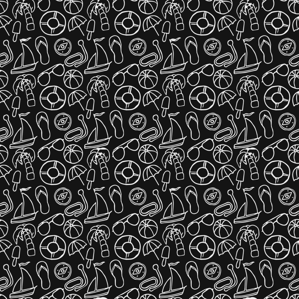 Summer seamless pattern. Summer travel icons. Travel vacation set of icons, journey and trip background. travel icons on black background. Vacation vector pattern