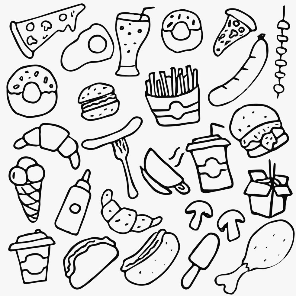 Fast food set icons, fastfood background. Doodle fast food icons. food icons on white background. hand drown vector fast food set icons