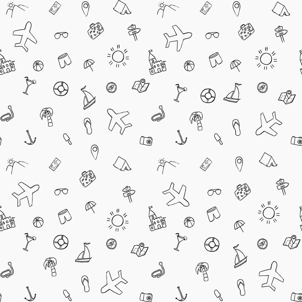 Summer seamless pattern. travel icons on white background. Travel vacation set of icons, journey and trip background. Doodle summer travel icons. Vacation vector pattern with travel icons