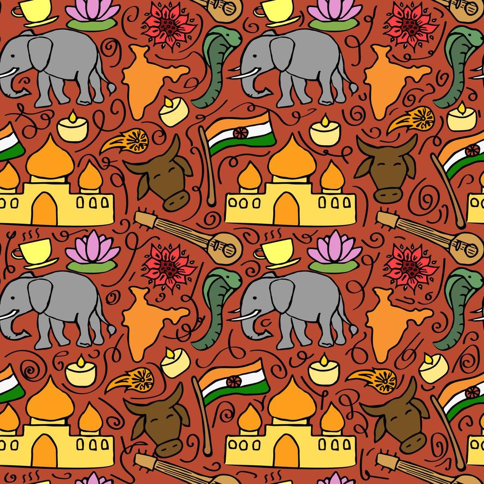 Colored seamless pattern with doodle indian icons. Indian vector icons.  you can use this as a background for a wedding card or greeting