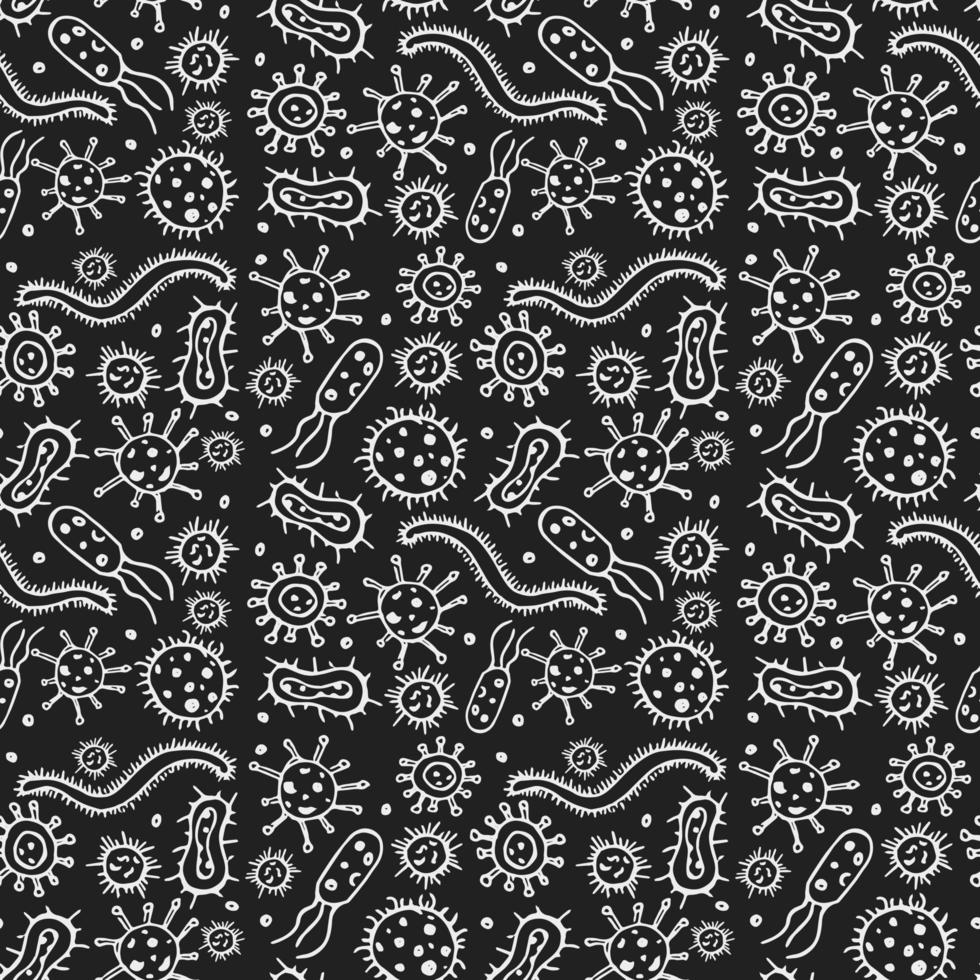 Seamless vector pattern with viruses. Doodle vector with viruses icons on black background