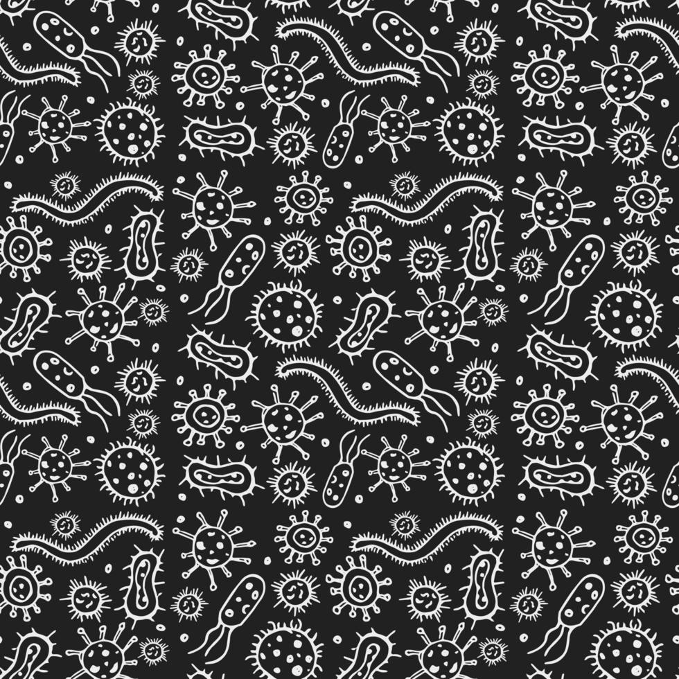 Seamless vector pattern with viruses. Doodle vector with viruses icons on black background