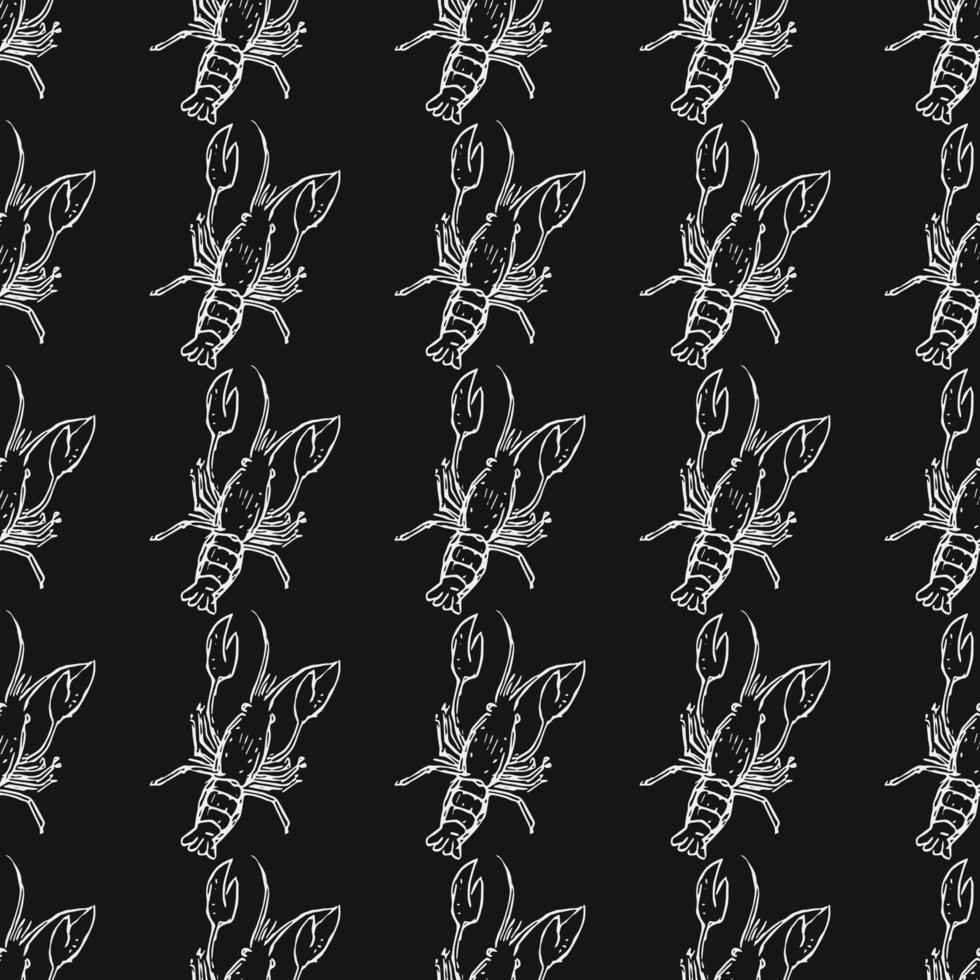 Seamless vector pattern with crayfish. Doodle vector with crayfish icons on black background. Vintage crayfish pattern