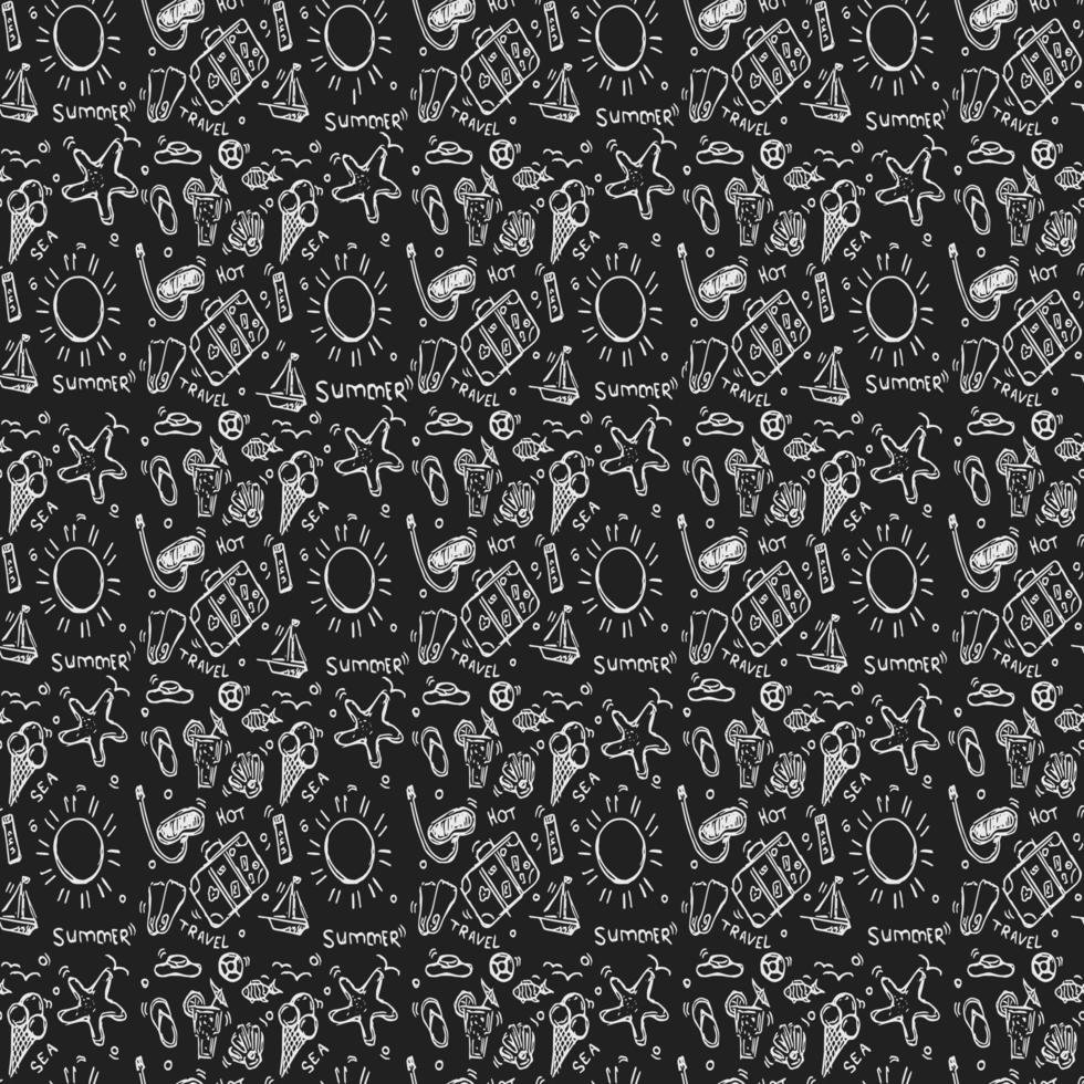 Seamless summer icons pattern. Doodle vector with summer icons on black background. Vintage summer icons