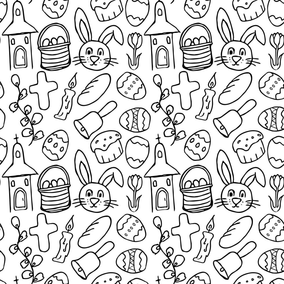 Easter pattern. Seamless pattern with easter icons. Creative easter background with eggs, bunny, rabbit, Easter cake, flowers, willow branch and church vector