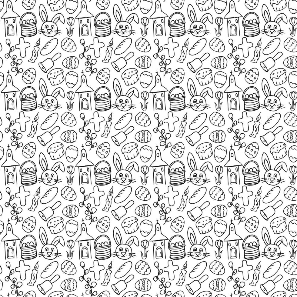 Easter pattern. Seamless pattern with easter icons. Creative easter background with eggs, bunny, rabbit, Easter cake, flowers, willow branch and church vector