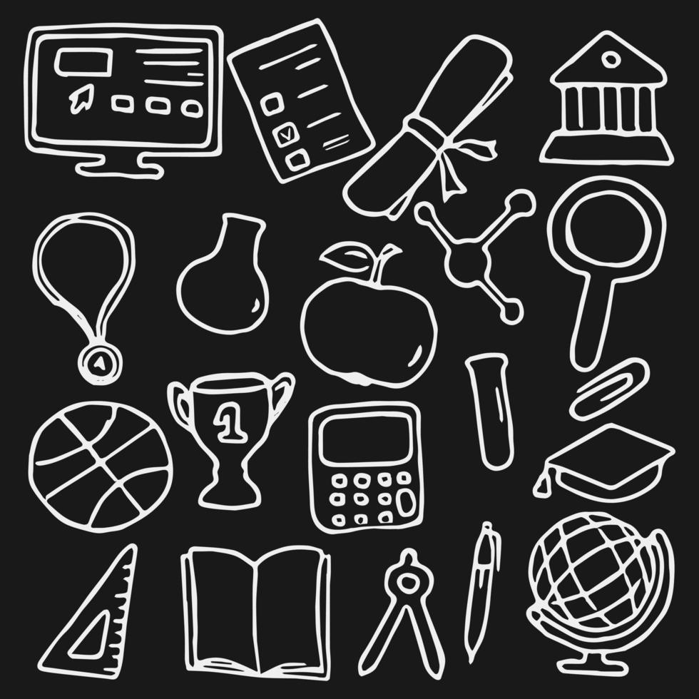 education icons. Doodle vector with education and school icons on black background. Vintage education pattern