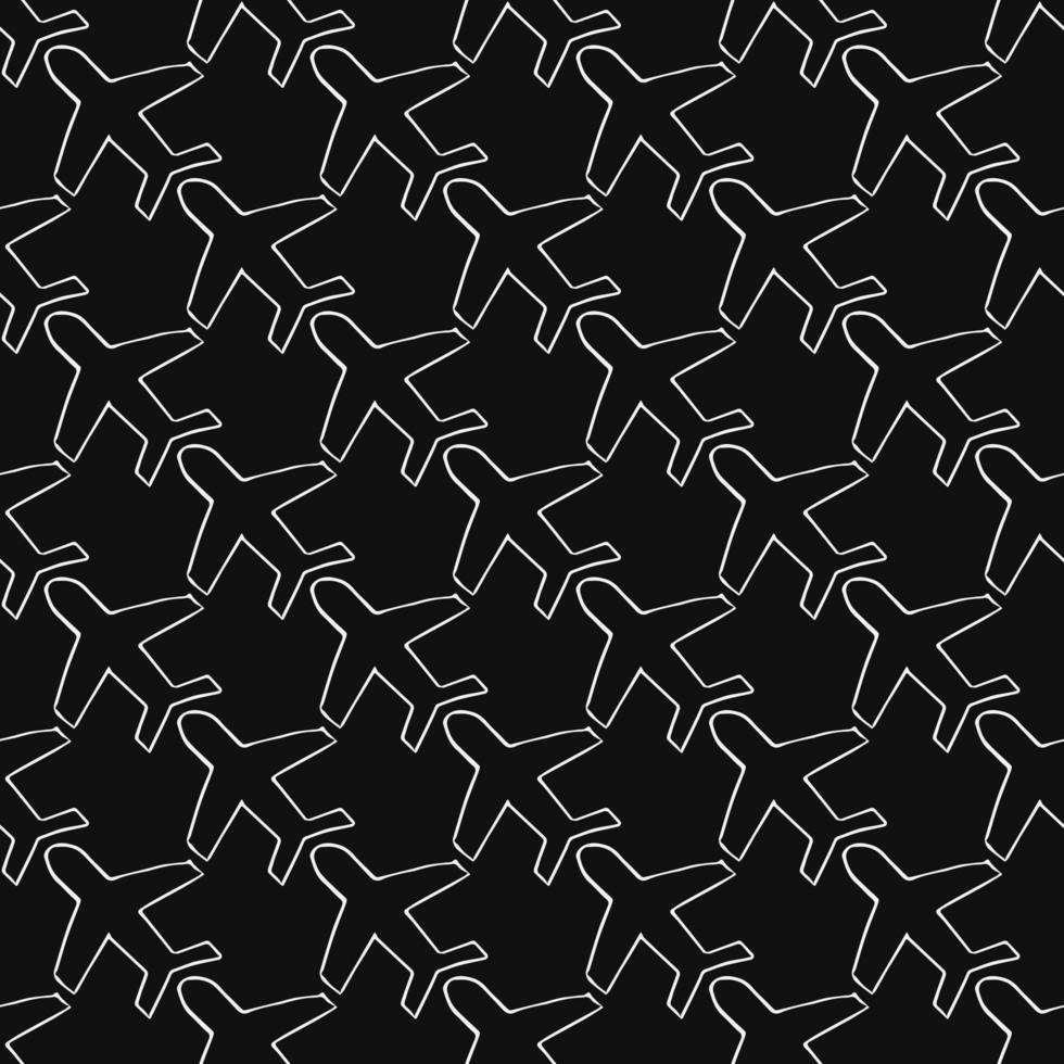 Seamless pattern with airplanes icons. Doodle airplane icons on black background. Doodle summer travel icons. Summer seamless pattern. travel icons on black background. Vacation vector pattern