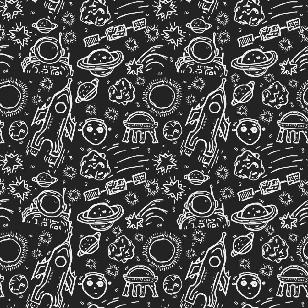 Seamless vector pattern with cosmos icons. Doodle vector with cosmos icons on black background. Vintage space pattern, sweet elements background for your project