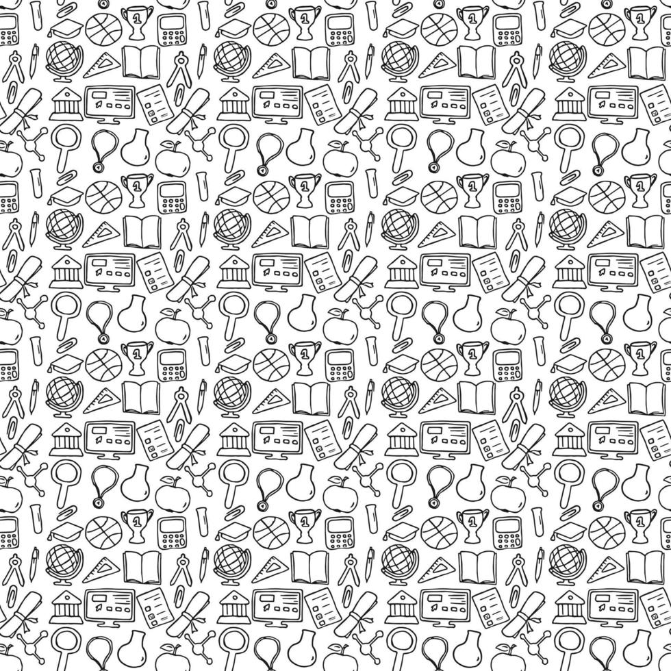 Seamless vector pattern with education icons. Doodle vector with education and school icons on white background. Vintage education pattern