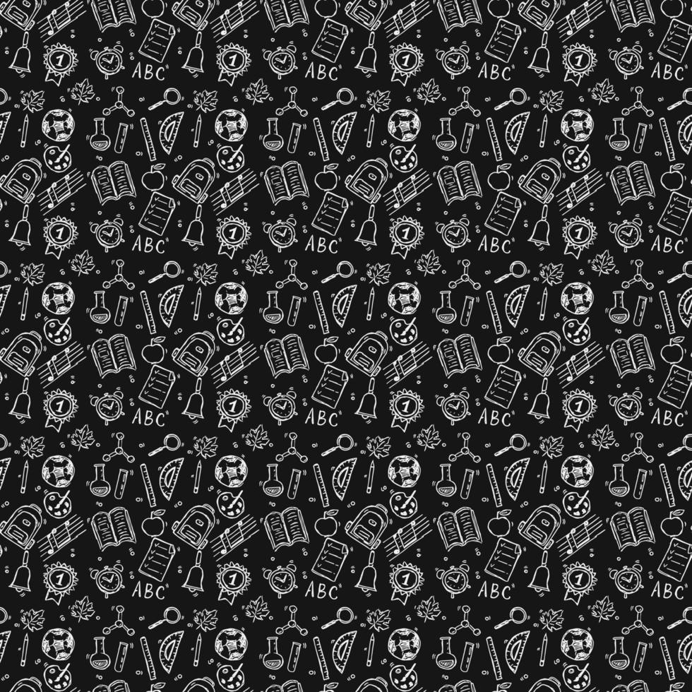 Seamless vector pattern with school icons. Doodle vector with school icons on black background. Vintage school pattern, sweet elements background for your project