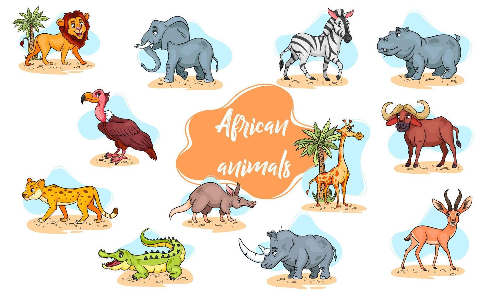 gran conjunto de animales africanos. personajes de animales divertidos en estilo de dibujos animados. vector