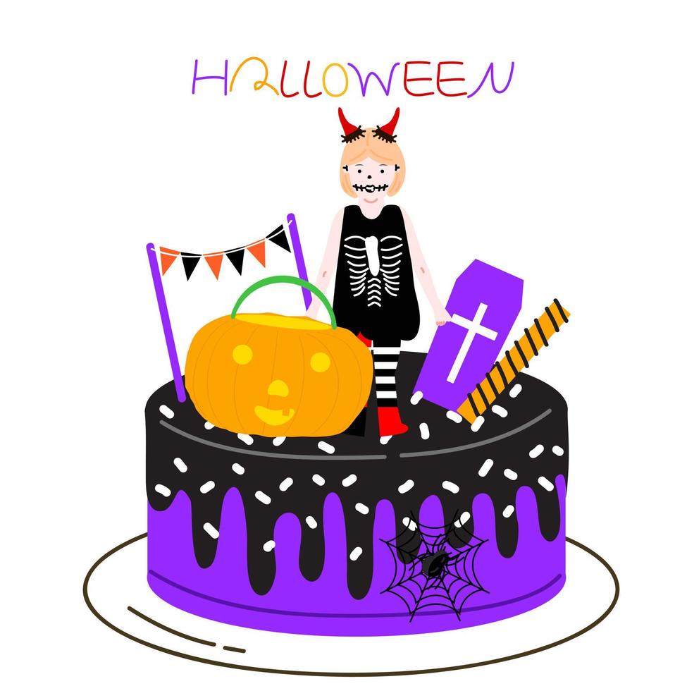 Halloween pumpkin skull doll cake vector