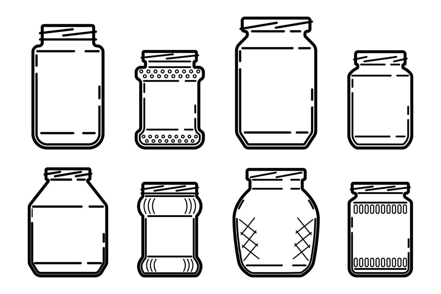 set glass jars contour drawing isolated white background vector